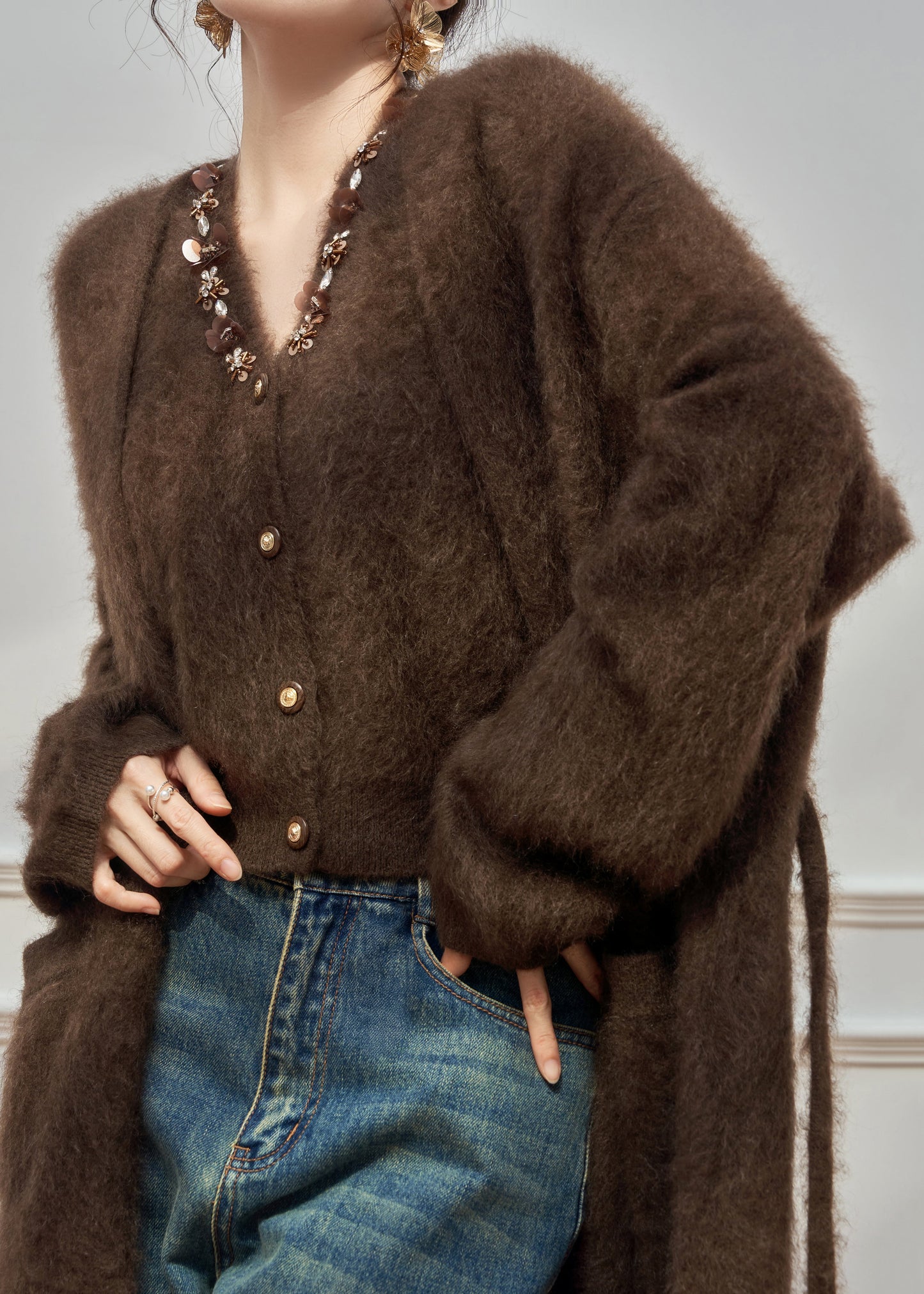 Plus Size Coffee Sequins Pockets Cardigans And Vest Ma Hai Mao Two Pieces Set Winter