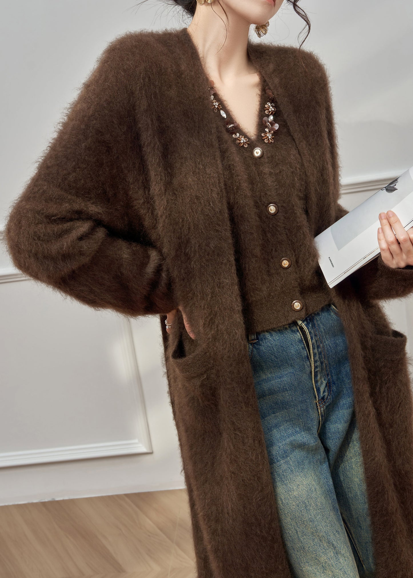 Plus Size Coffee Sequins Pockets Cardigans And Vest Ma Hai Mao Two Pieces Set Winter