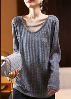Plus Size Coffee V Neck Nail Bead Patchwork Knit Top Spring
