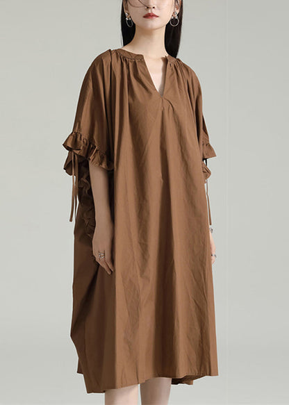 Plus Size Coffee V Neck Ruffled Drawstring Patchwork Cotton Dresses Summer