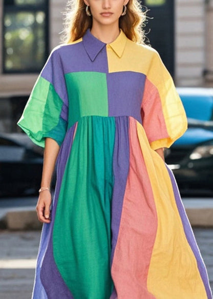 Plus Size Colorblock Asymmetrical Patchwork Cotton Long Dresses Spring