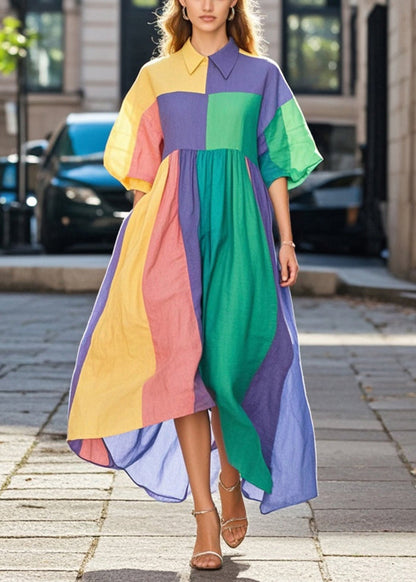 Plus Size Colorblock Asymmetrical Patchwork Cotton Long Dresses Spring