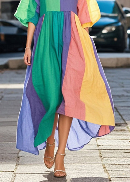 Plus Size Colorblock Asymmetrical Patchwork Cotton Long Dresses Spring