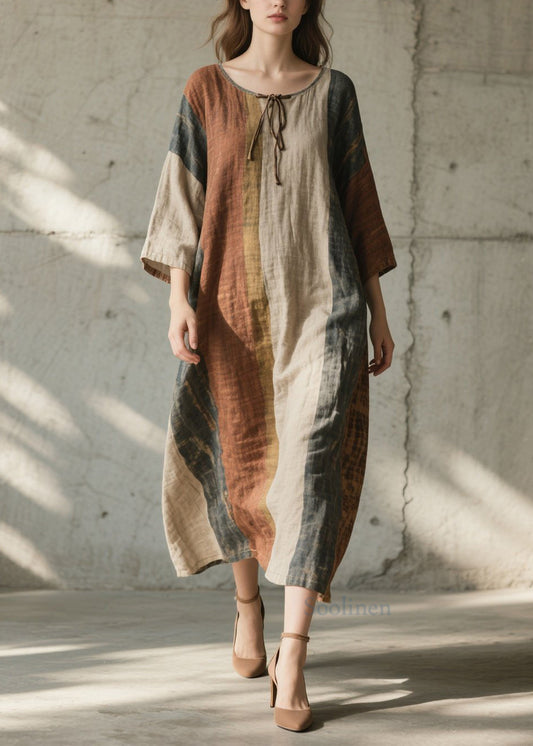 Plus Size Colorblock O Neck Cotton Long Dress Summer