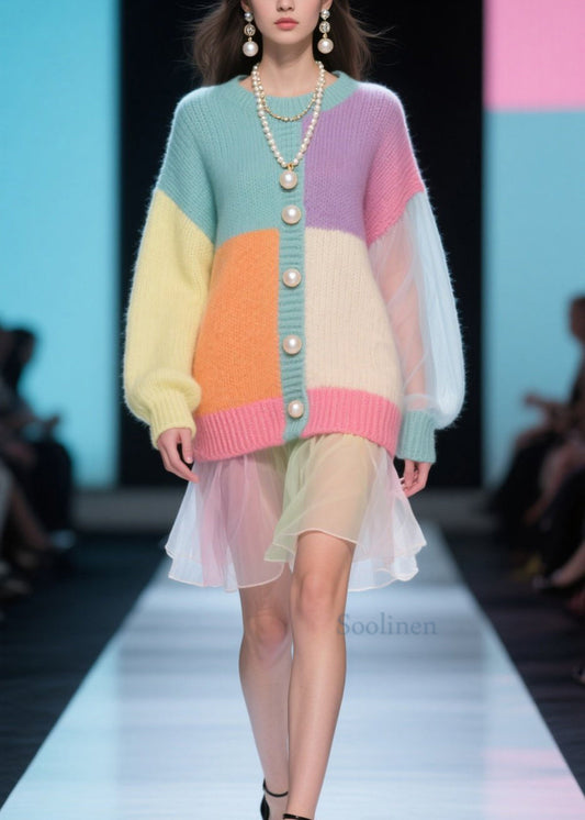 Plus Size Colorblock O Neck Tulle Patchwork Knit Dress Fall