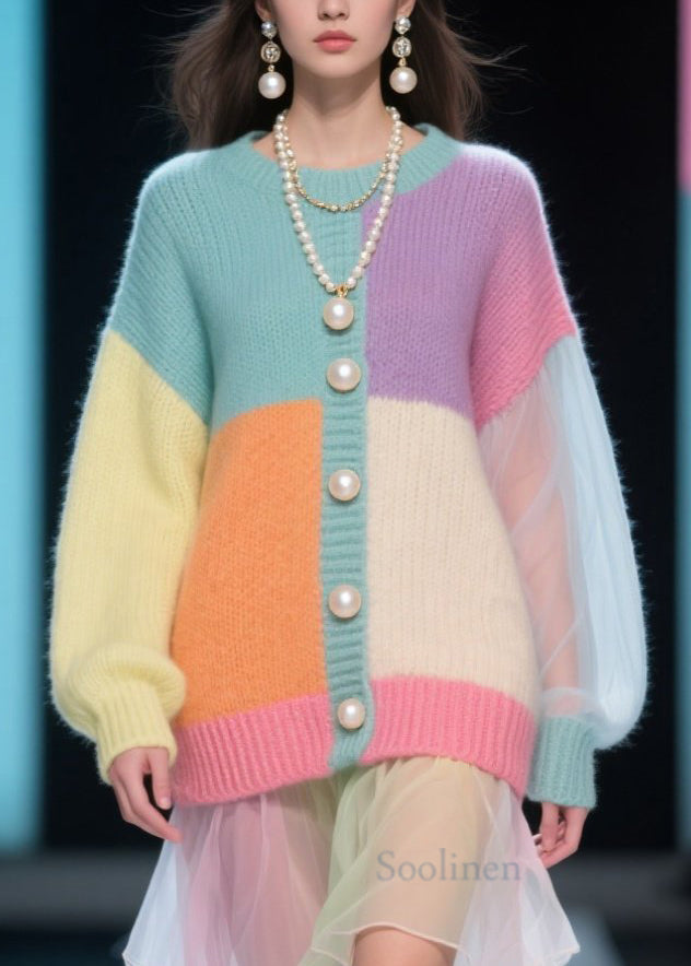 Plus Size Colorblock O Neck Tulle Patchwork Knit Dress Fall