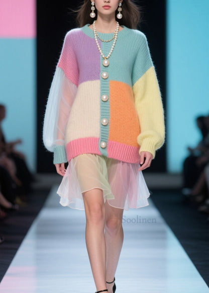 Plus Size Colorblock O Neck Tulle Patchwork Knit Dress Fall