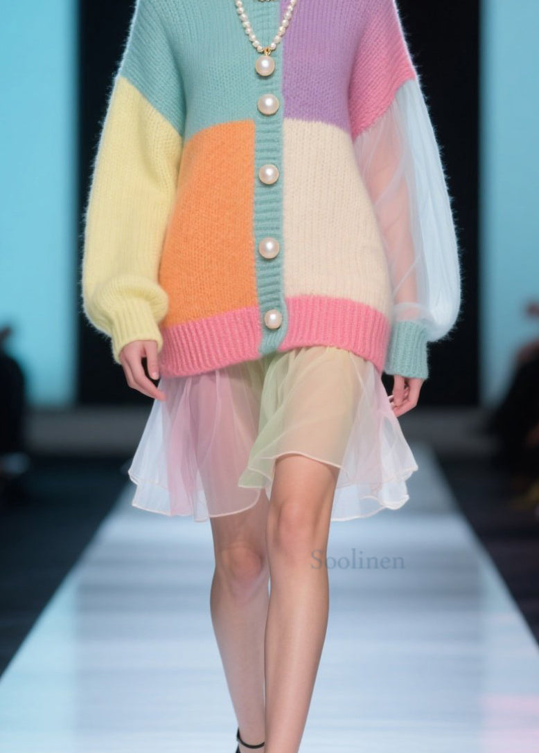 Plus Size Colorblock O Neck Tulle Patchwork Knit Dress Fall