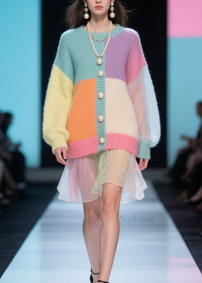 Plus Size Colorblock O Neck Tulle Patchwork Knit Dress Fall