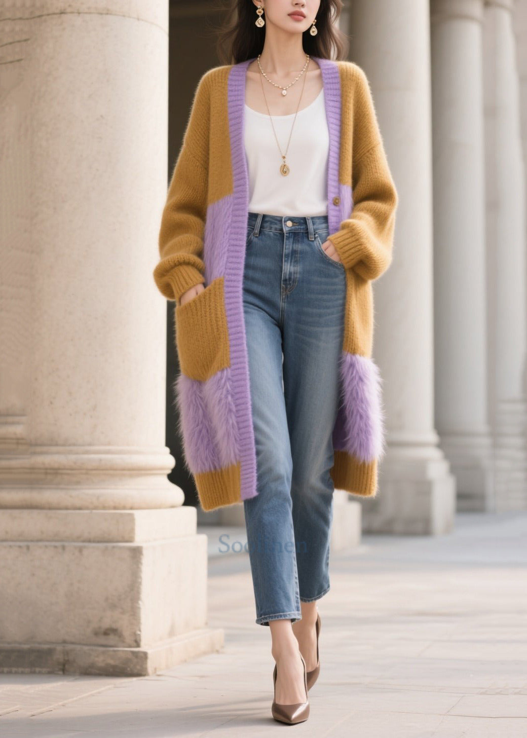 Plus Size Colorblock Oversized Patchwork Faux Fur Knit Cardigan Winter