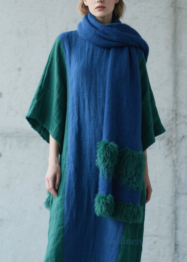 Plus Size Colorblock Patchwork Cotton Long Dress Fall