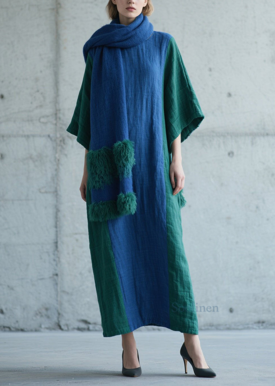 Plus Size Colorblock Patchwork Cotton Long Dress Fall