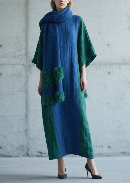 Plus Size Colorblock Patchwork Cotton Long Dress Fall
