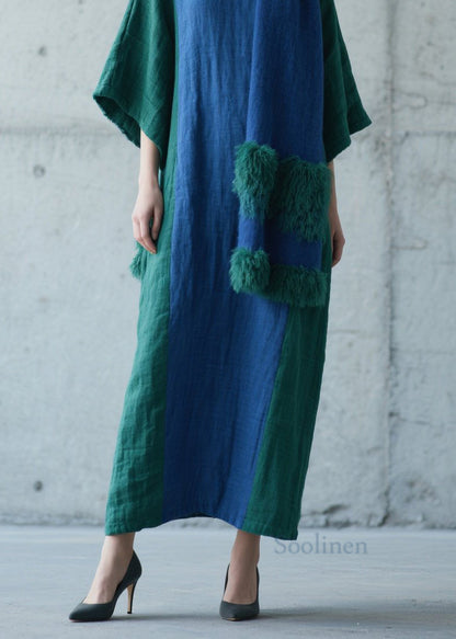 Plus Size Colorblock Patchwork Cotton Long Dress Fall