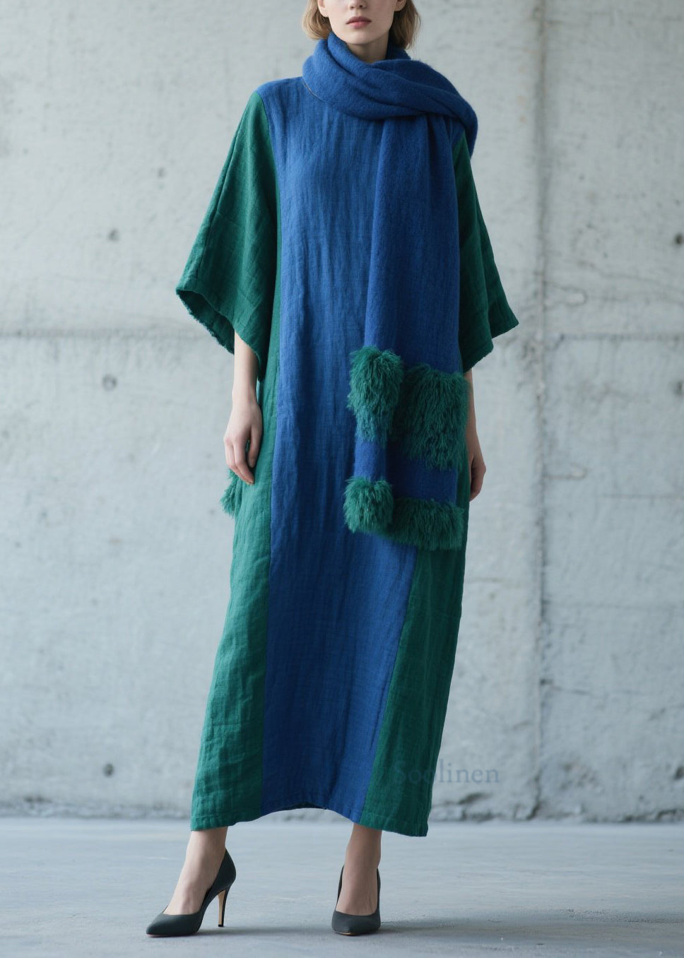 Plus Size Colorblock Patchwork Cotton Long Dress Fall