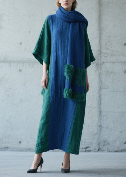 Plus Size Colorblock Patchwork Cotton Long Dress Fall