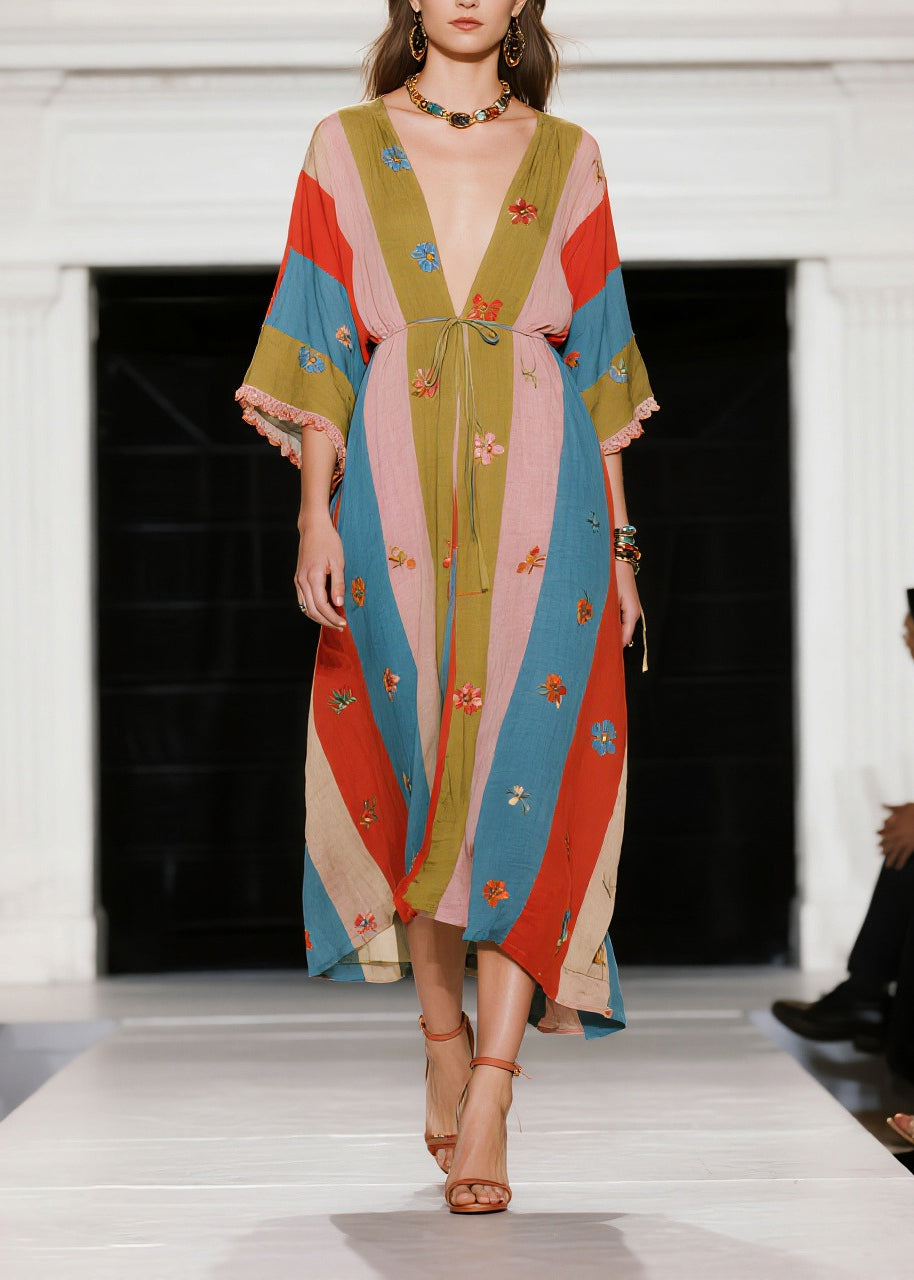 Plus Size Colorblock Tie Waist Print Cotton Long Dress Summer
