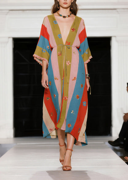 Plus Size Colorblock Tie Waist Print Cotton Long Dress Summer