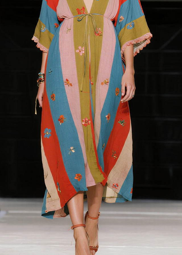 Plus Size Colorblock Tie Waist Print Cotton Long Dress Summer