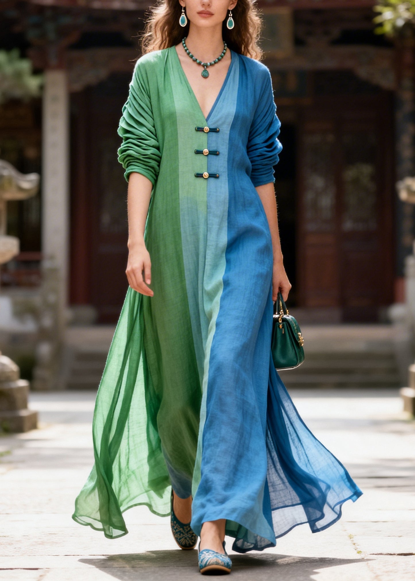 Plus Size Colorblock V Neck Chinese Button Cotton Long Dresses Summer