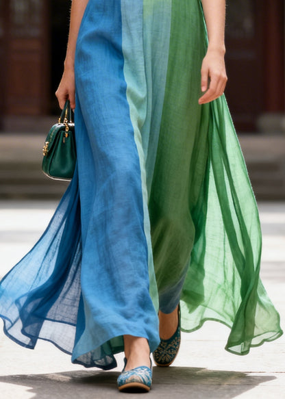 Plus Size Colorblock V Neck Chinese Button Cotton Long Dresses Summer
