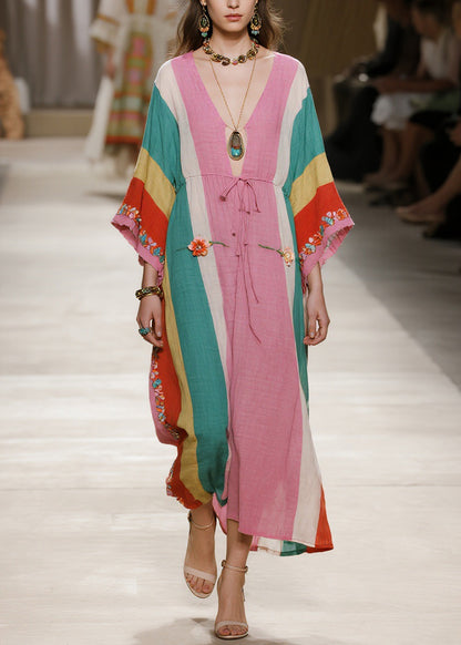 Plus Size Colorblock V Neck Floral Cotton Long Dresses Summer