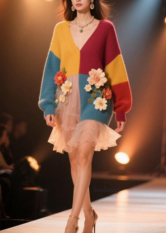 Plus Size Colorblock V Neck Floral Knit Sweater Dress Fall