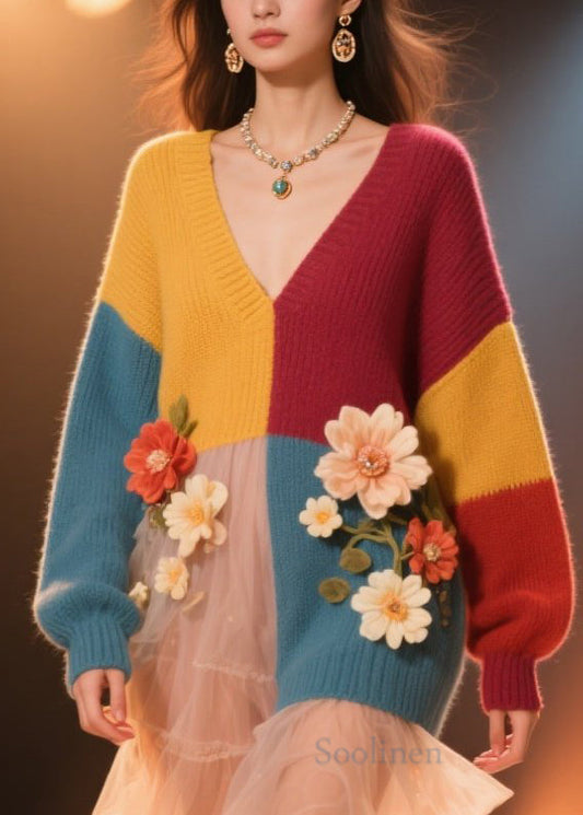 Plus Size Colorblock V Neck Floral Knit Sweater Dress Fall