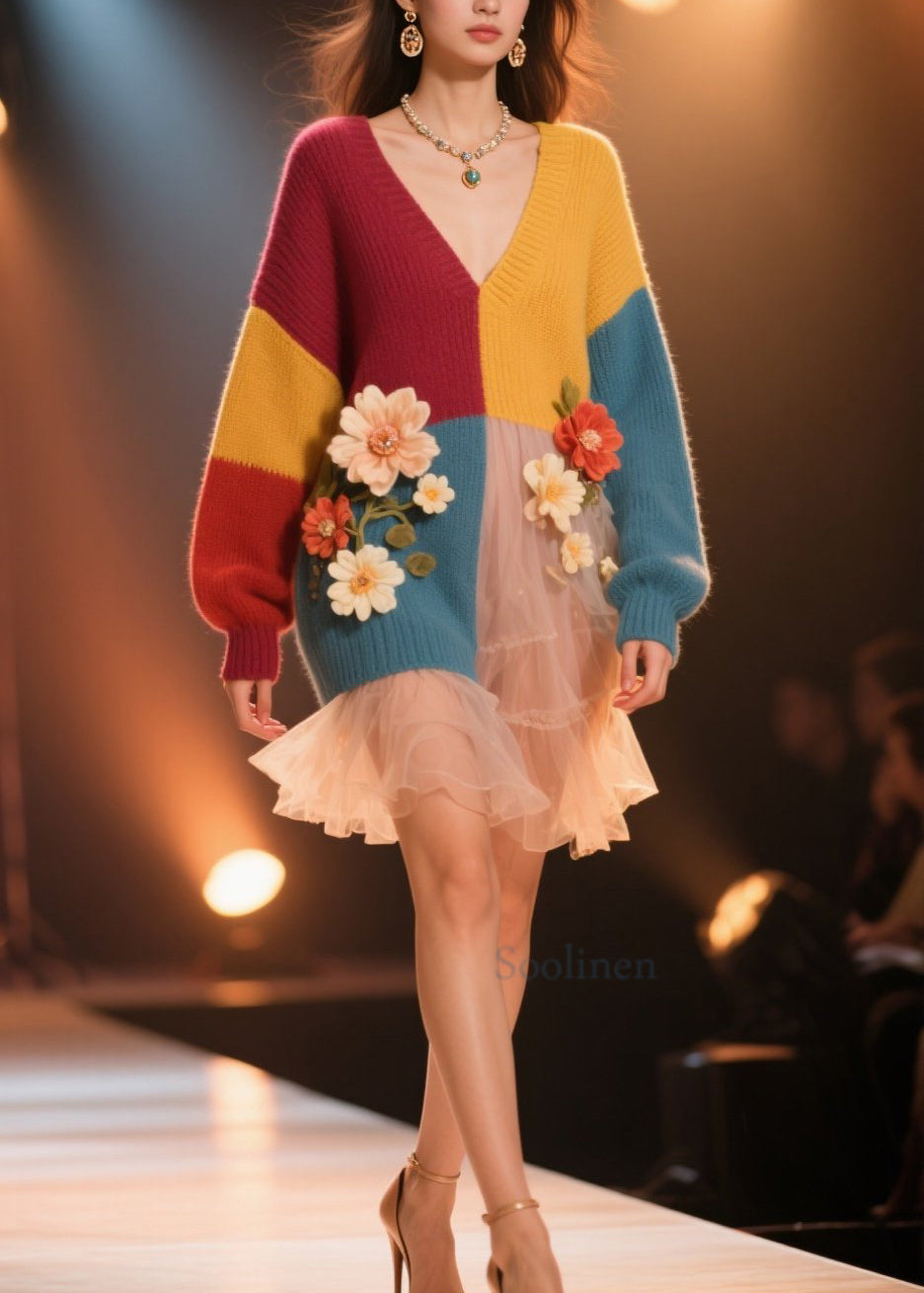 Plus Size Colorblock V Neck Floral Knit Sweater Dress Fall