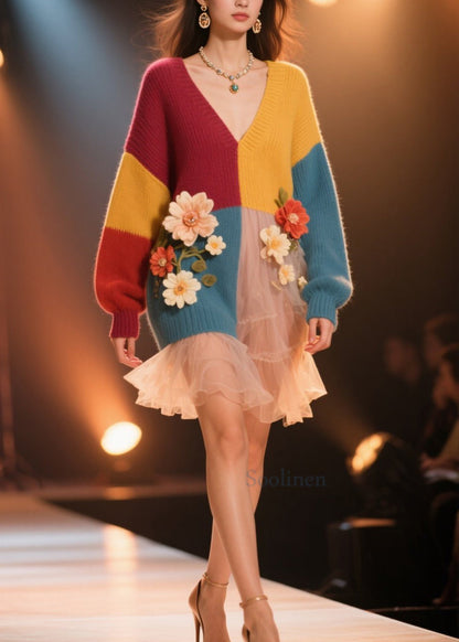 Plus Size Colorblock V Neck Floral Knit Sweater Dress Fall