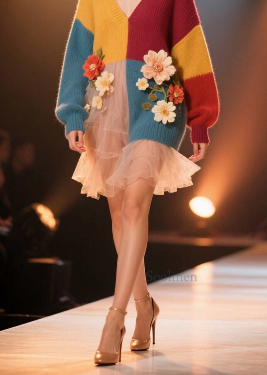 Plus Size Colorblock V Neck Floral Knit Sweater Dress Fall