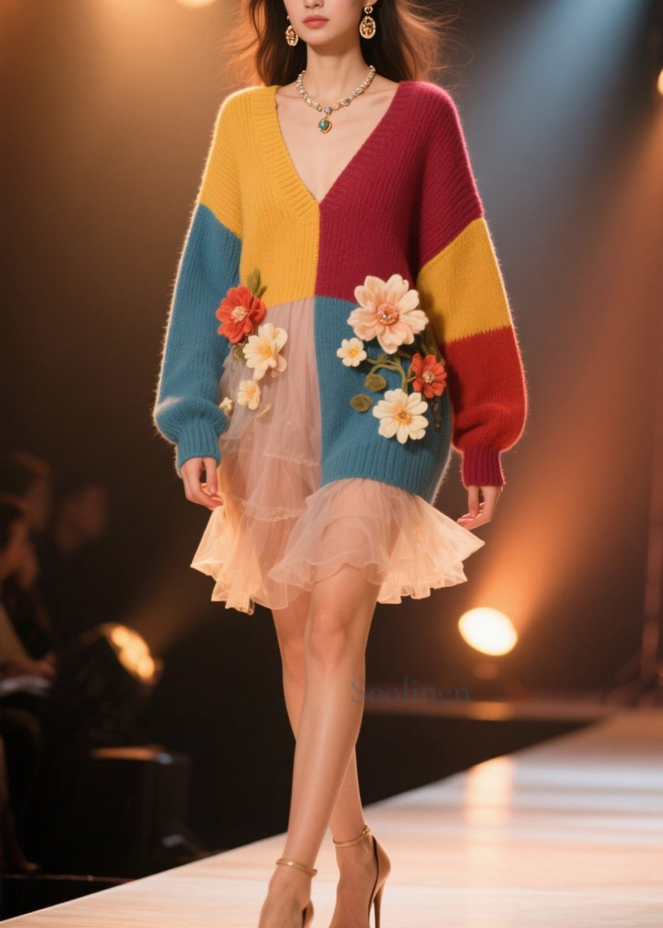 Plus Size Colorblock V Neck Floral Knit Sweater Dress Fall