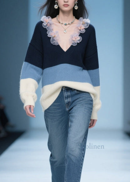 Plus Size Colorblock V Neck Floral Knit Sweater Fall