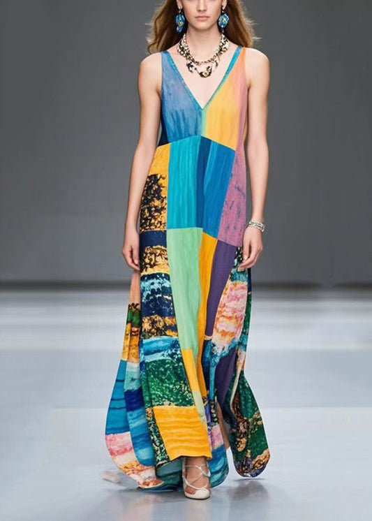 Plus Size Colorblock V Neck Patchwork Chiffon Robe Dresses Summer