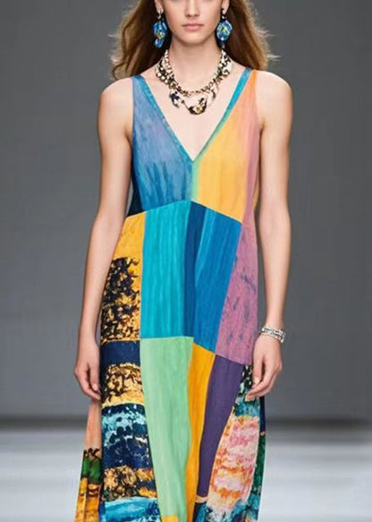 Plus Size Colorblock V Neck Patchwork Chiffon Robe Dresses Summer