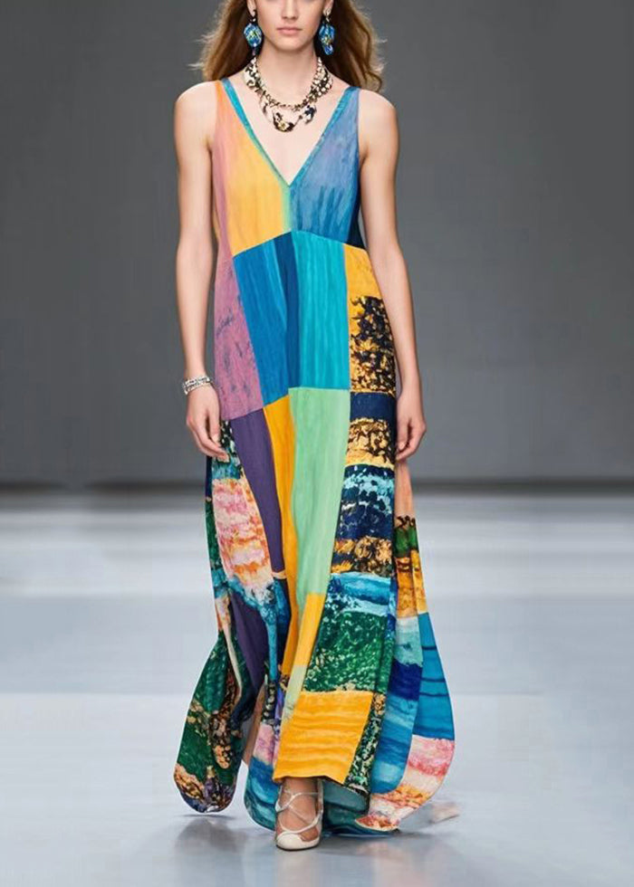 Plus Size Colorblock V Neck Patchwork Chiffon Robe Dresses Summer