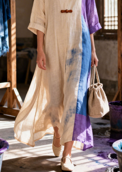 Plus Size Colorblock V Neck Patchwork Cotton Dress Summer