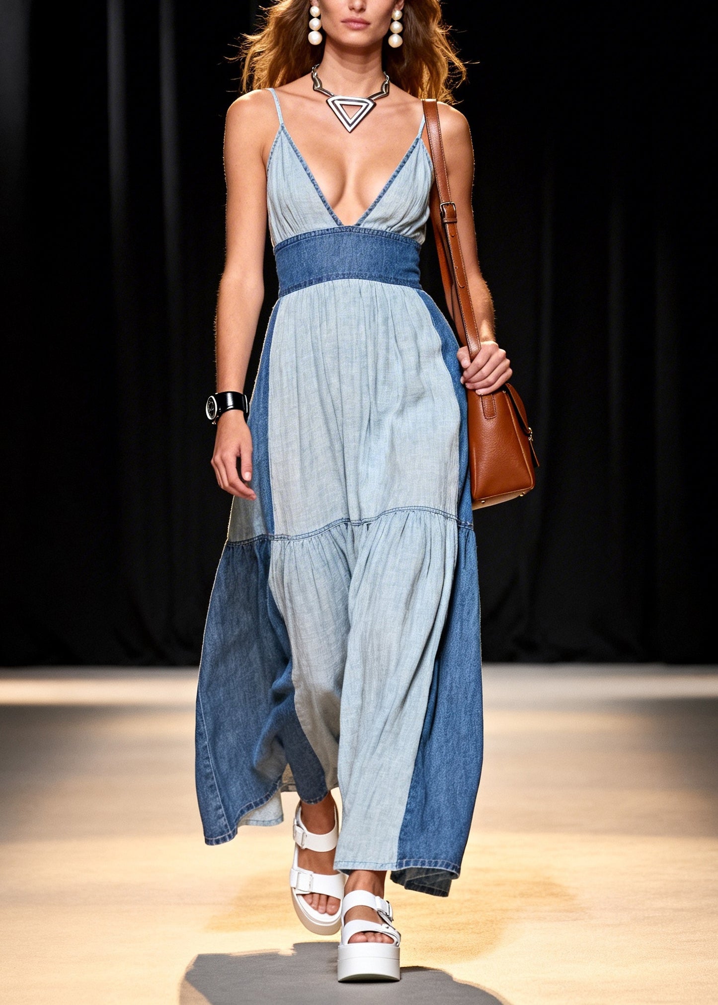 Plus Size Colorblock V Neck Patchwork Denim Vacation Dress Summer