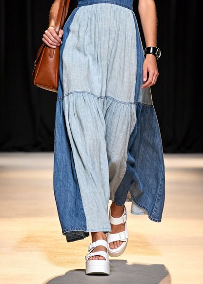 Plus Size Colorblock V Neck Patchwork Denim Vacation Dress Summer