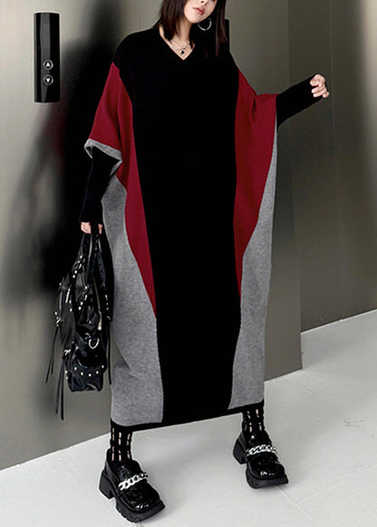 Plus Size Colorblock V Neck Patchwork Knitwear Dress Batwing Sleeve