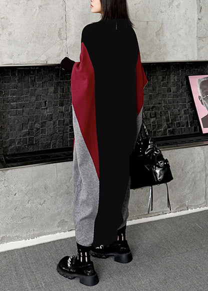 Plus Size Colorblock V Neck Patchwork Knitwear Dress Batwing Sleeve