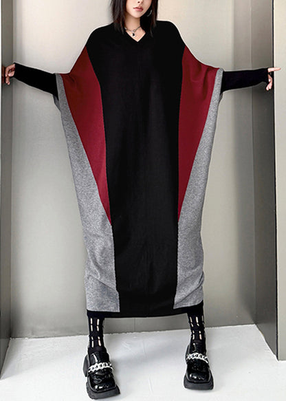 Plus Size Colorblock V Neck Patchwork Knitwear Dress Batwing Sleeve