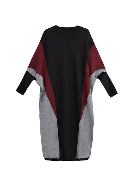 Plus Size Colorblock V Neck Patchwork Knitwear Dress Batwing Sleeve