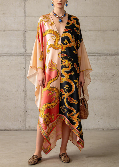 Plus Size Colorblock V Neck Print Chiffon Maxi Dress Summer