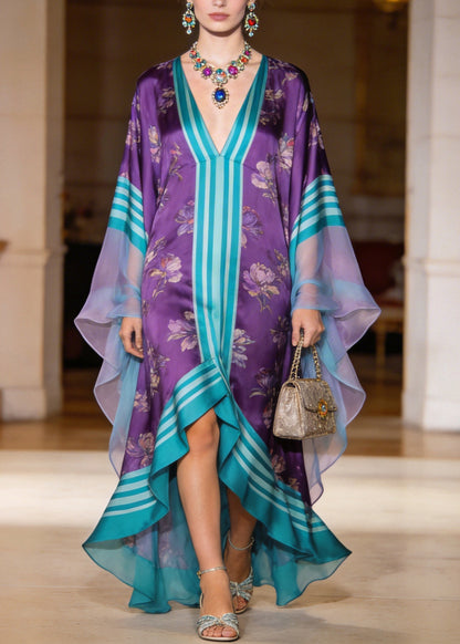 Plus Size Colorblock V Neck Print Patchwork Chiffon Robe Dresses Summer