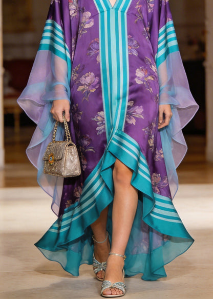 Plus Size Colorblock V Neck Print Patchwork Chiffon Robe Dresses Summer