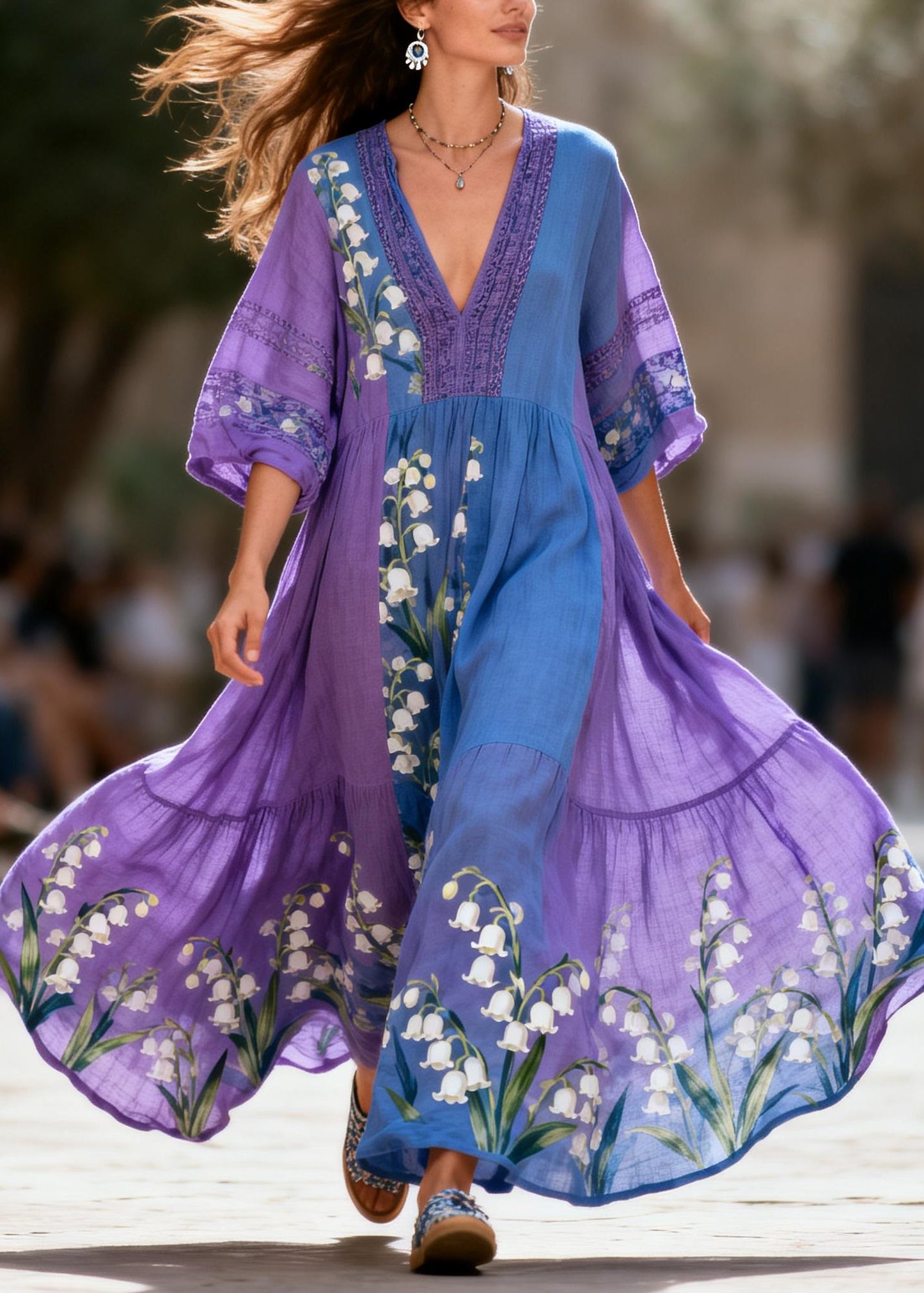Plus Size Colorblock V Neck Print Patchwork Cotton Maxi Dresses Summer
