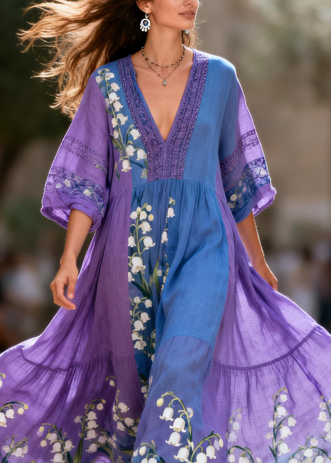 Plus Size Colorblock V Neck Print Patchwork Cotton Maxi Dresses Summer
