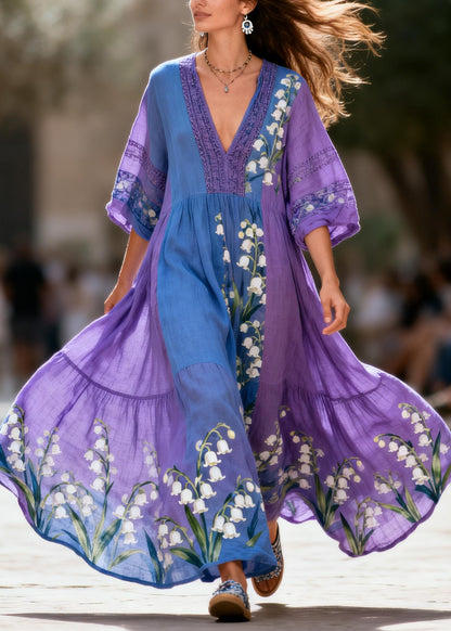 Plus Size Colorblock V Neck Print Patchwork Cotton Maxi Dresses Summer