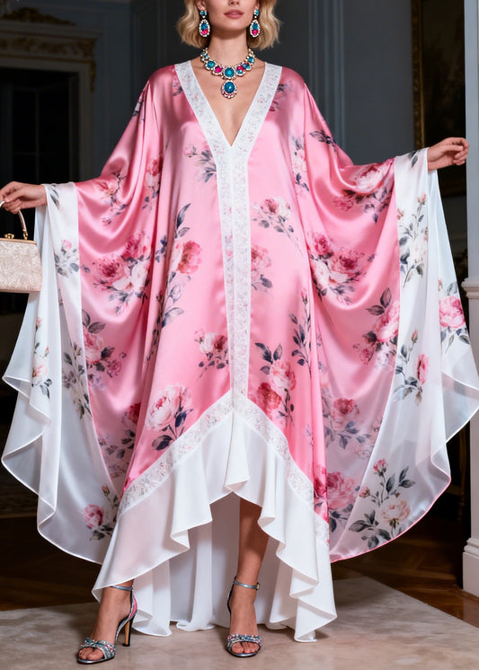 Plus Size Colorblock V Neck Print Patchwork Silk Robe Dresses Summer